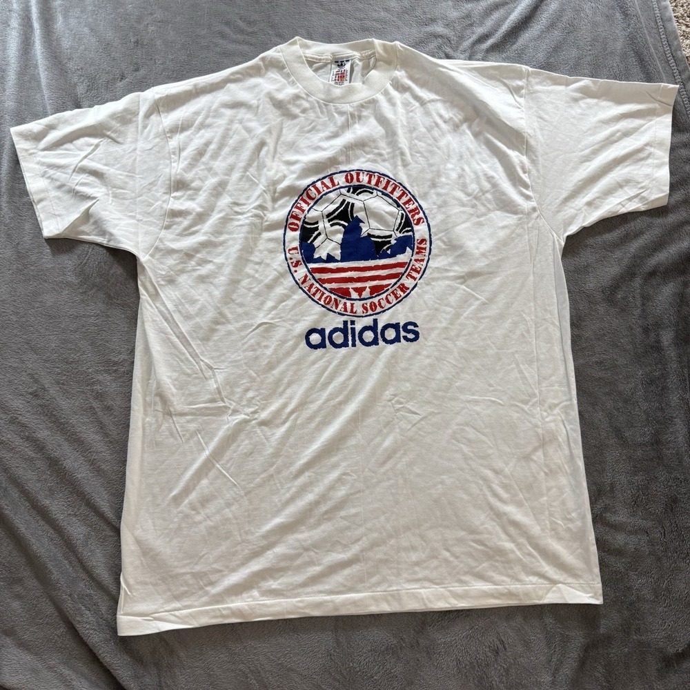 Vintage USA Soccer Adidas T-Shirt‎ Mens XL White 90s 80s Single Stitch World Cup